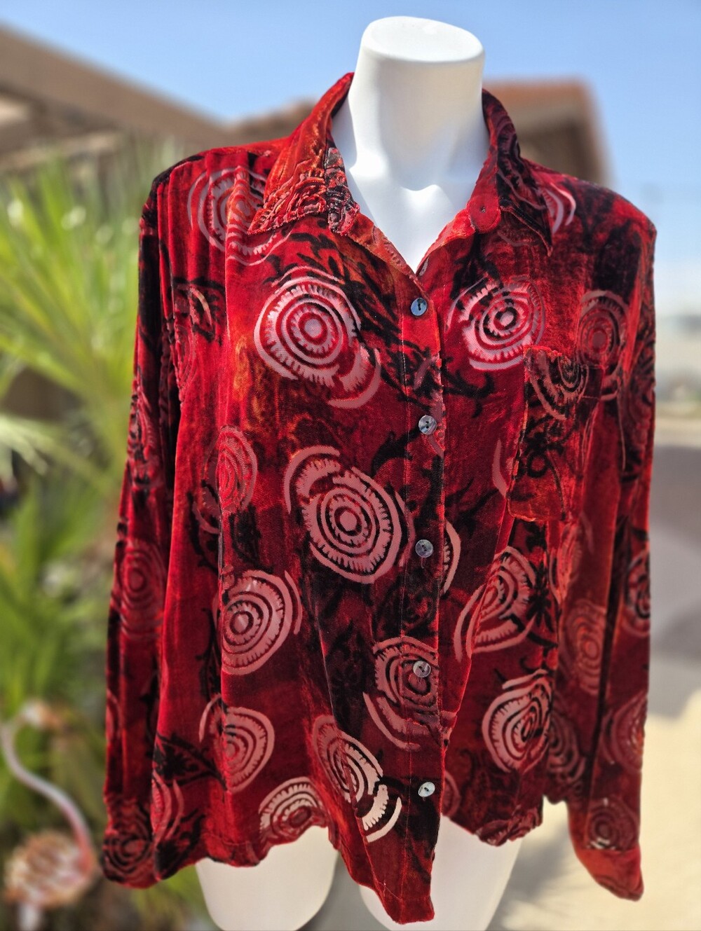 Chico's Vintage Red Velvet Silk Rayon Button-Up Top
